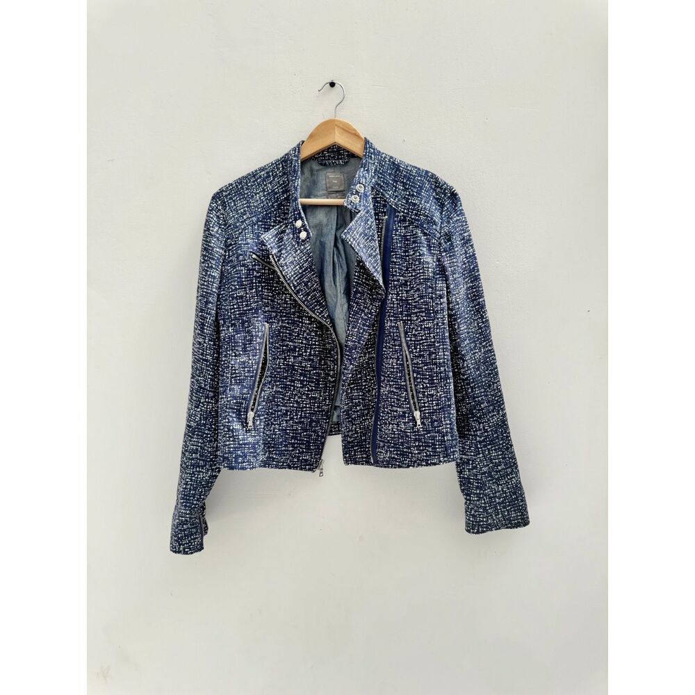 Gap Navy White Textured Tweed Moto Jacket Asymmetrical Zip Size L